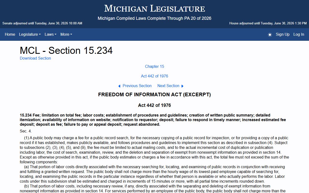 Missaukee County court records Michigan FOIA fee statute MCL 15.234