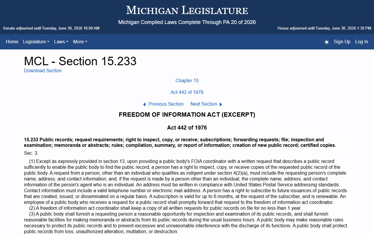 Missaukee County court records Michigan FOIA inspect and copy statute MCL 15.233