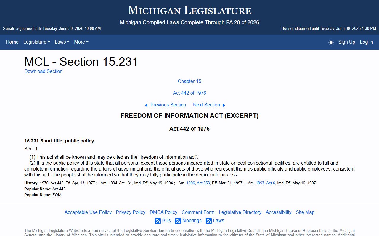 Missaukee County court records Michigan FOIA policy statute MCL 15.231