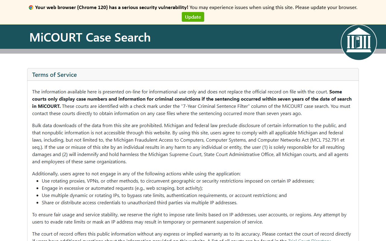 Missaukee County court records search on the Michigan MiCOURT case search portal