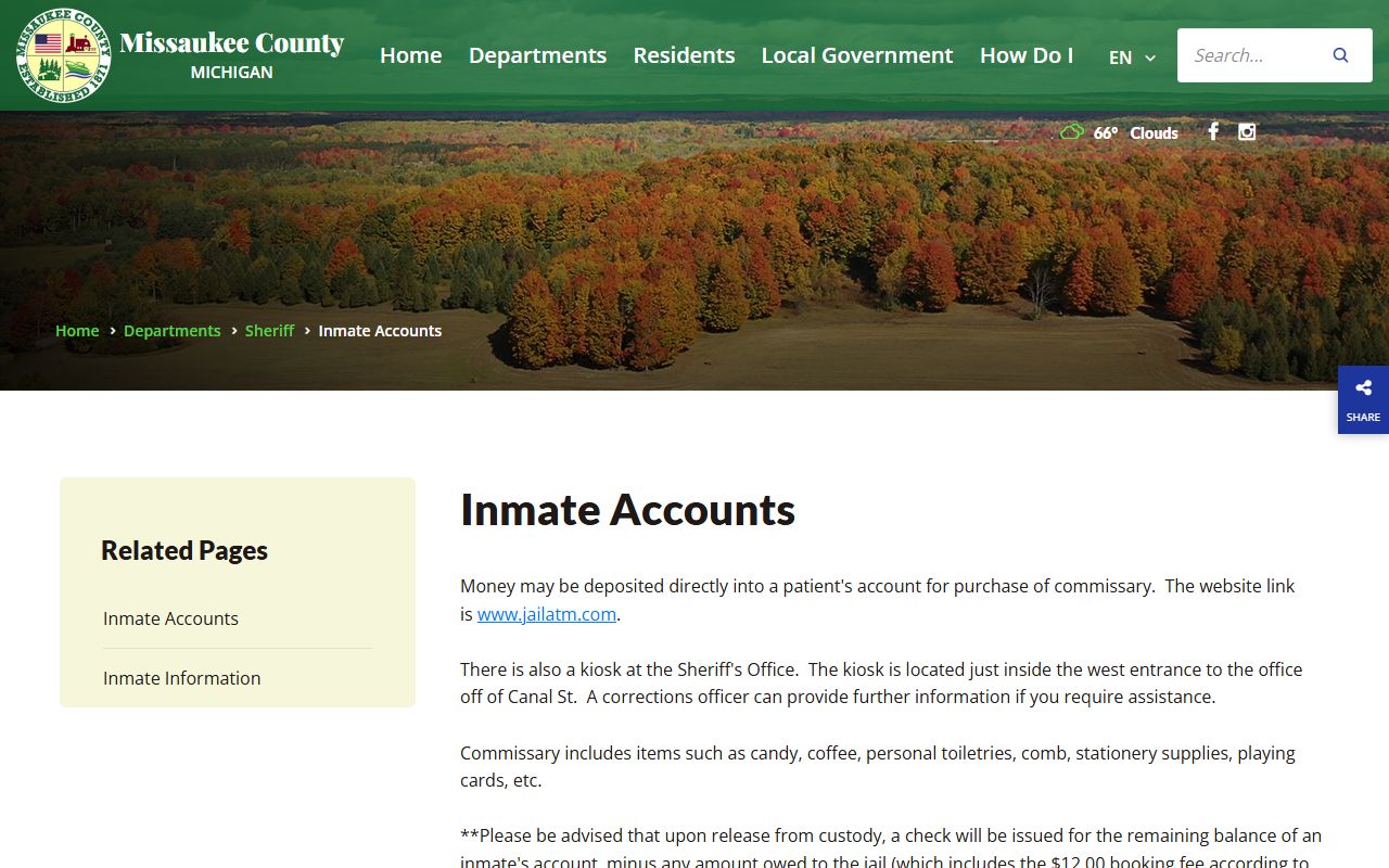 Missaukee County inmate accounts page with booking fee and deposit details