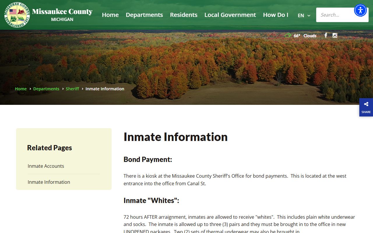 Missaukee County jail inmate information page with visitation and mail rules