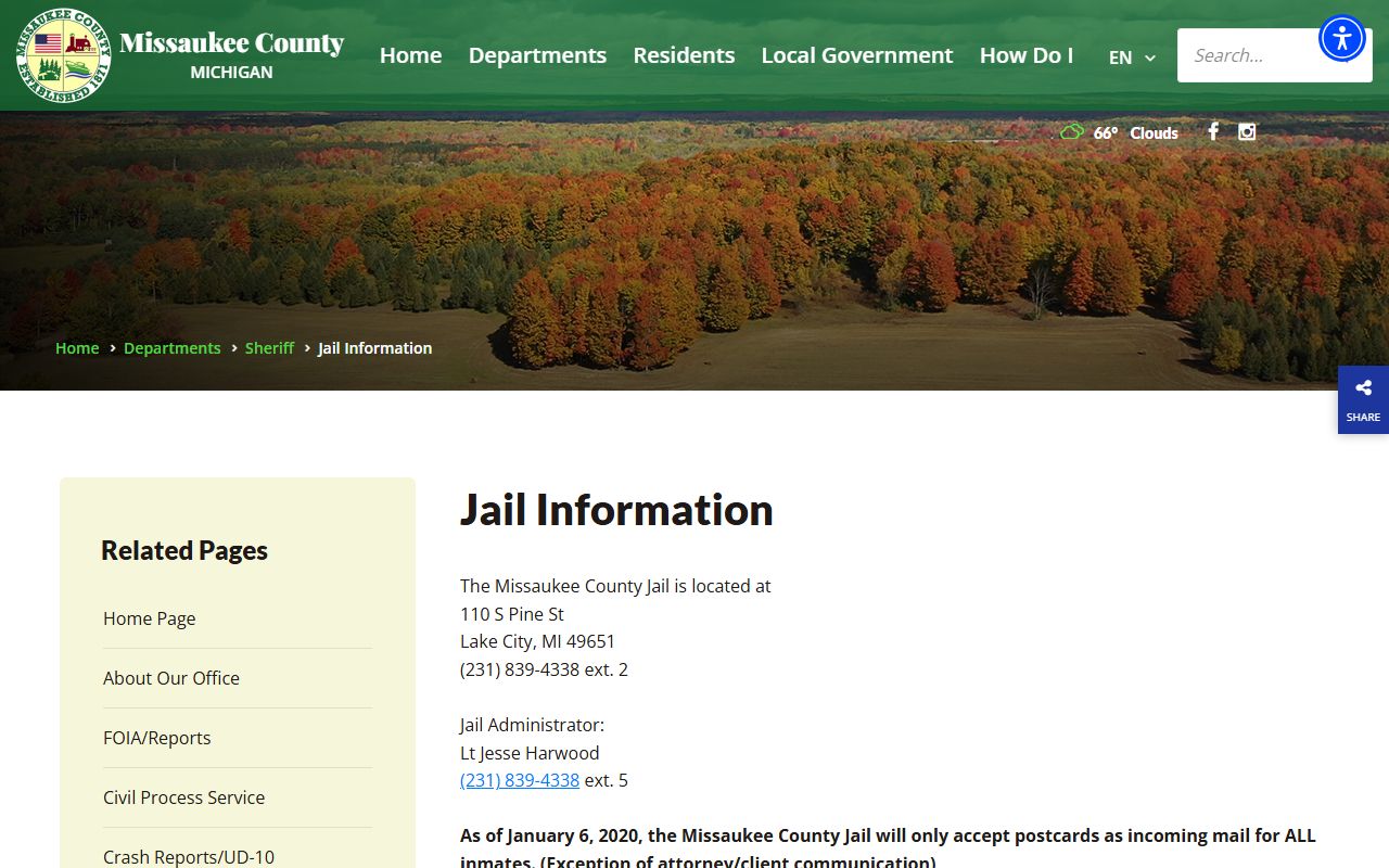 Missaukee County Jail information page with inmate contact details
