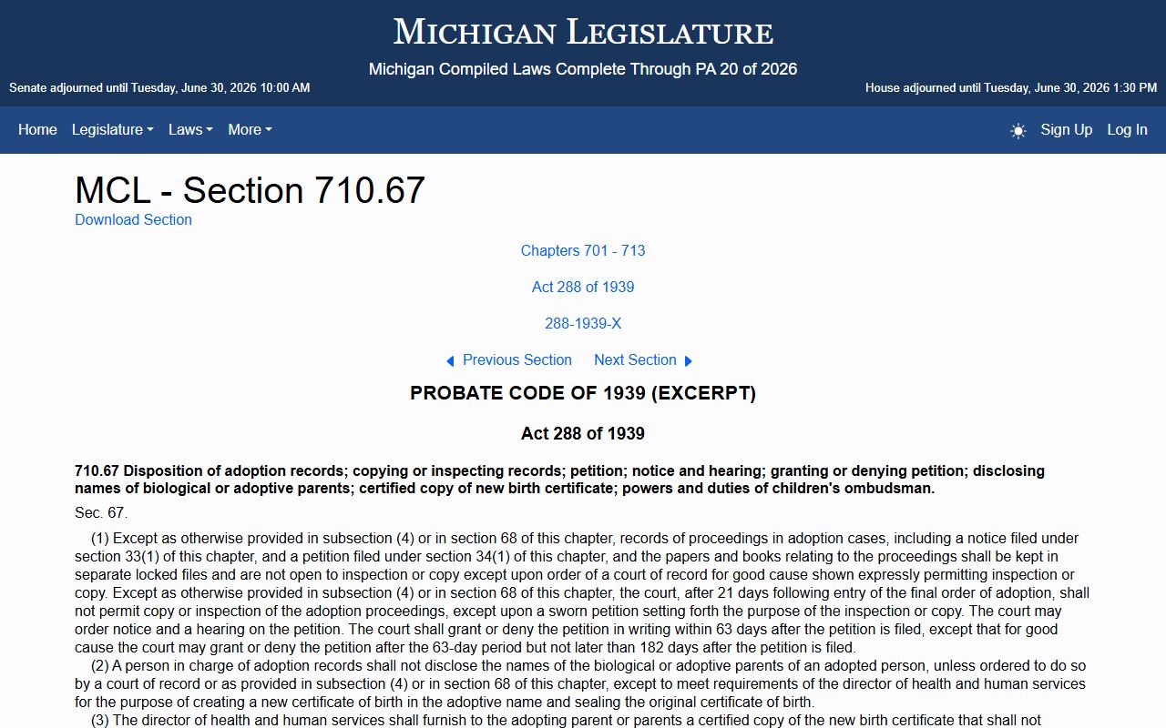 Missaukee County marriage and divorce records and the Michigan adoption confidentiality statute MCL 710.67
