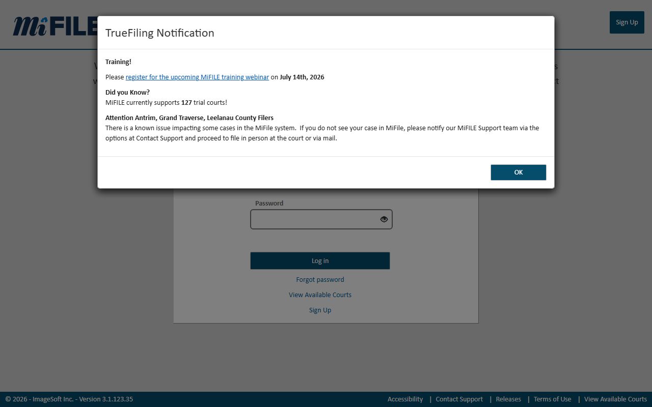 Missaukee County probate records MiFILE e-filing login page